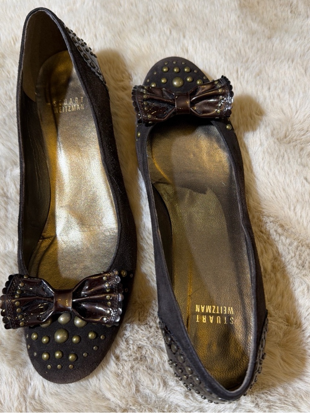 Stuart Weitzman Dark Brown Studded Bow Flats - Picture 7 of 8